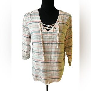 Sunday Linen Blend Top Striped Lace Up V-Neck 3/4 Sleeve Womens S